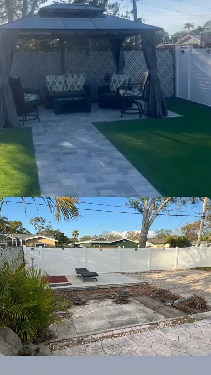 Before and after backyard transformation with pavers and artificial turf